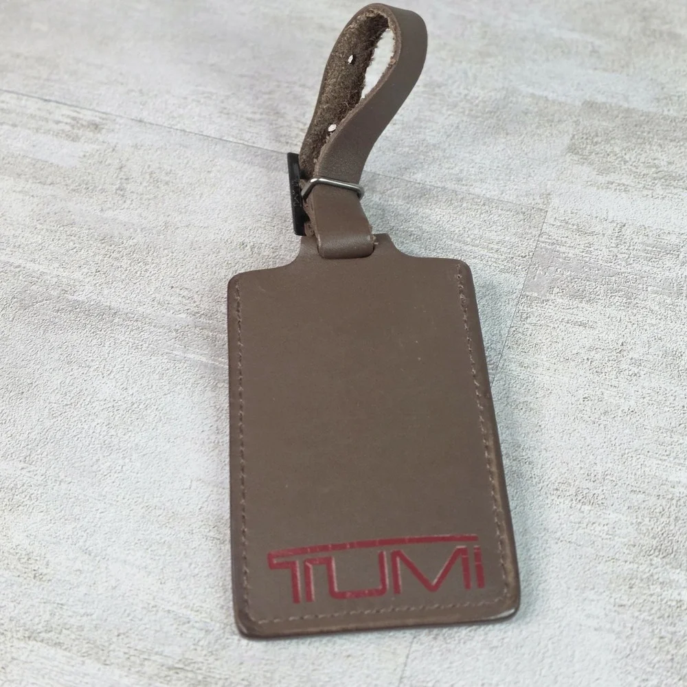 TUMI Leather Alpha 3 Large Luggage Tag Dark Brown Logo Travel ID Holder Strap